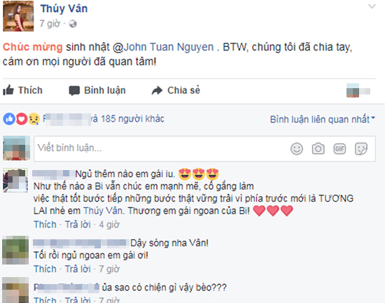 
Thúy Vân tiết lộ chuyện chia tay bạn trai trên trang cá nhân.
