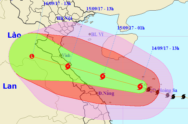 Hướng di chuyển của cơn bão số 10 theo bản tin phát đi lúc 14h30 ngày 14/9. Ảnh: NCHMF.