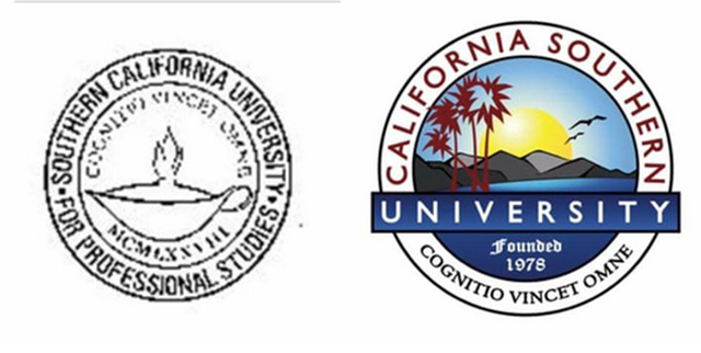 Dấu mộc bên trái mang tên trường Southern California University for Professional Studies (SCUPS) trong thời điểm trường đang bị hủy tư cách đăng ký (trade mark). Còn dấu mộc bên phải hiện đang được sử dụng mang tên California Southern University - Ảnh: TL