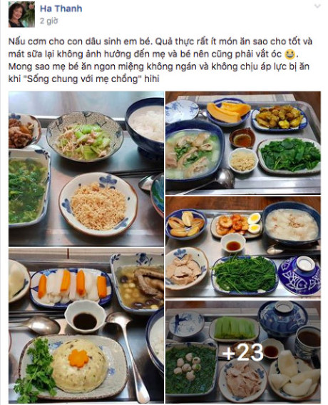 Bữa cơm mẹ chồng nấu cho con dâu trong thời kỳ ở cữ nhận được gần 3.000 lượt chia sẻ. Ảnh: Chụp từ Facebook nhân vật