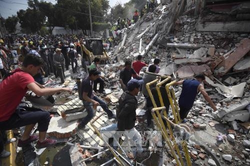 
Lực lượng cứu hộ tìm kiếm người mất tích sau vụ động đất tại Mexico City ngày 19/9. Ảnh: TTXVN
