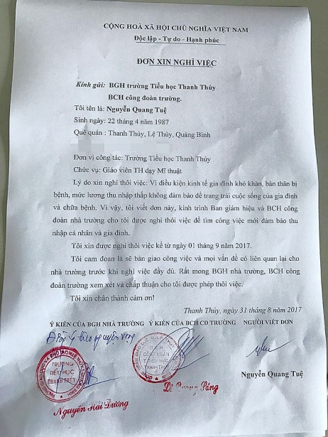 Lá đơn xin nghỉ việc của thầy Nguyễn Quang Tuệ. Ảnh: NVCC.