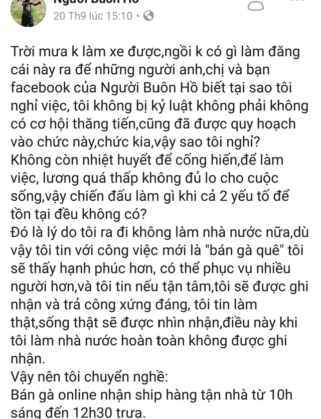 Đoạn chia sẻ trên mạng xã hội về lý do nghỉ việc nhà nước của anh Hoàng