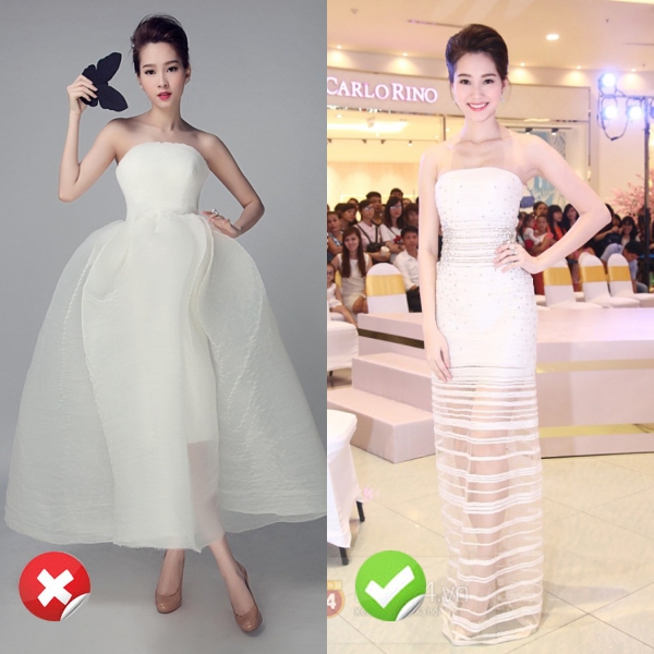 Váy quây ngực là chiếc váy thường được các cô dâu lựa chọn trong ngày cưới, tuy nhiên váy quây dáng bồng không phù hợp với Thu Thảo bằng kiểu váy quây dáng ôm.