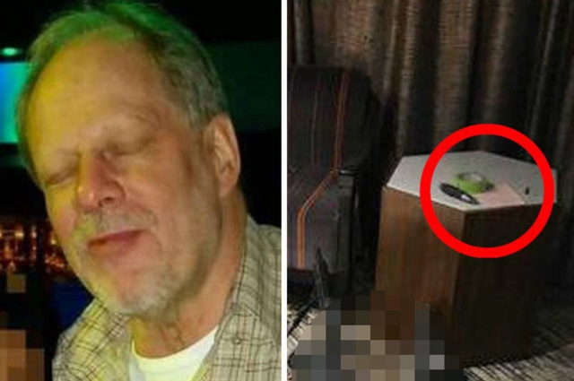 Nghi phạm Stephen Paddock cùng mẩu giấy, cuộn băng keo và chiếc bút được tìm thấy bên trong phòng khách sạn hắn thuê ở tầng 32 (Ảnh: Dailystar)