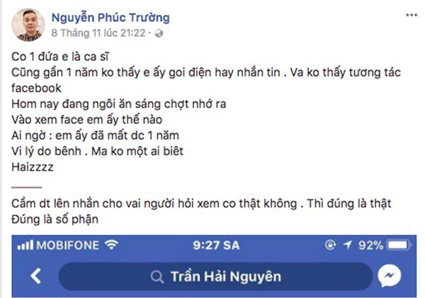 Phúc Trường thông báo thông tin Hải Nguyên đã qua đời từ năm 2016.