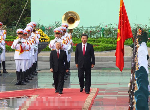 Tổng bí thư Nguyễn Phú Trọng chủ trì lễ đón chính thức Tổng Bí thư, Chủ tịch Trung Quốc Tập Cận Bình. Ảnh: Nguyễn Chương