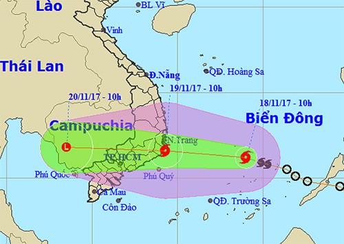 Dự báo đường đi của bão. Ảnh: NCHMF