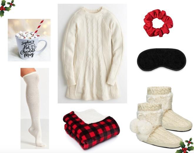 Váy sweater + boot len trắng + áo khoác bông caro đỏ: Với sự kết hợp này bạn sẽ sở hữu ngoại hình dịu dàng tinh khiết như công chúa bạch tuyết trong đêm giáng sinh. Điểm nhấn ở áo khoác ngoài khiến bạn hòa mình với không khí giáng sinh ở khắp nơi và luôn nổi bật.