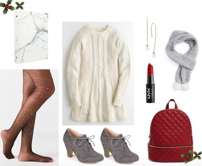 Váy sweater + khăn len xám nhạt + boot xám thấp không cổ + balo đỏ: Sự kết hợp này sẽ mang đến cho bạn một tổng thể với màu sắc tương phản nhau nhưng lại vô cùng nổi bật. Một chiếc váy trắng ấm áp, một đôi tất mỏng lấp lánh, đôi boot xám nữ tính cùng chiếc khăn len ấm áp. Điểm thêm một chút son đỏ bạn sẽ trông cực kì tinh năng động và xinh đẹp.