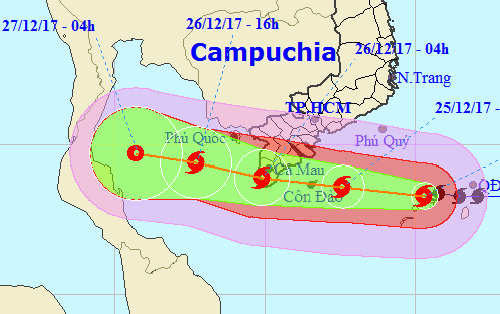 Hướng đi của bão Tembin theo trung tâm khí tượng thủy văn trung ương.