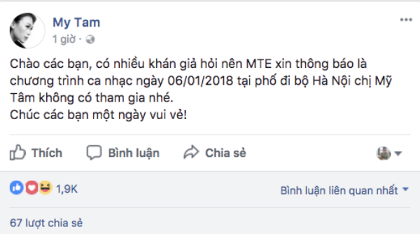 Mỹ Tâm bất ngờ thông báo không tham gia biểu diễn sự kiện 6/1. Rất hiếm khi Họa mi tóc nâu có động thái thông báo không biểu diễn trên fanpage như lần này.