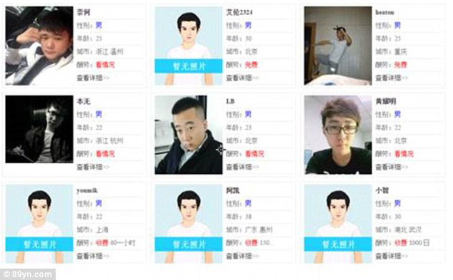 
 Thông tin về các ứng viên nam trên một trang web cho thuê bạn trai tại Trung Quốc.
