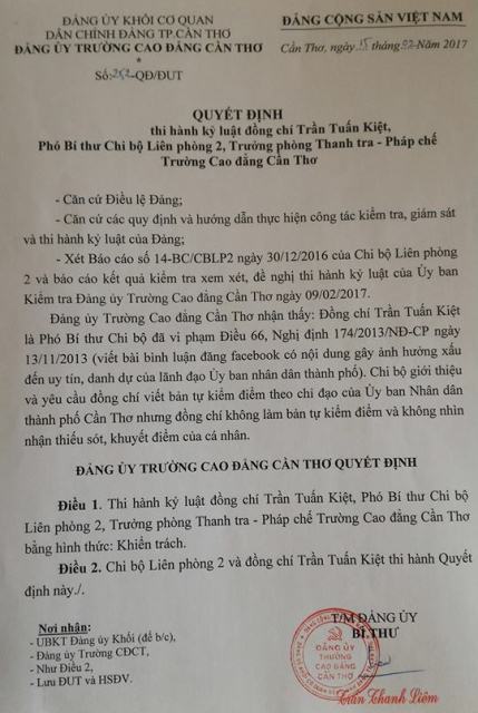 Quyết định kỷ luật Đảng đối với ông Trần Tuấn Kiệt.