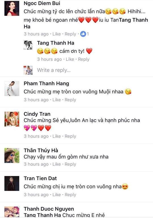 
Bạn bè chúc mừng Tăng Thanh Hà đón thêm thành viên mới. Ảnh: CMH.
