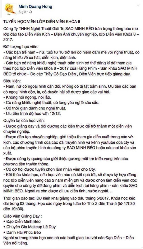 
D&ograve;ng trạng th&aacute;i tuyển sinh đ&agrave;o tạo s&acirc;n khấu của Minh B&eacute;o.
