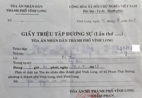 
Giấy triệu tập đương sự để giải quyết ly hôn vào ngày 21/4 tới đây của TAND TP.Vĩnh Long
