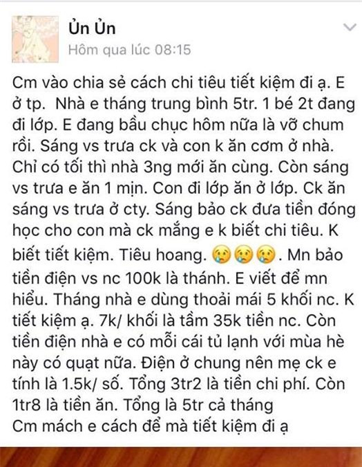 
Người vợ cho biết một tháng cô chỉ được chồng cho tiêu 5 triệu (Ảnh nhân vật đăng tải)
