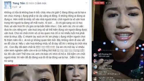 
Dòng trạng thái của Trang Trần và clip sỉ vả nghệ sĩ Xuân Hương (ẢNH CHỤP MÀN HÌNH).
