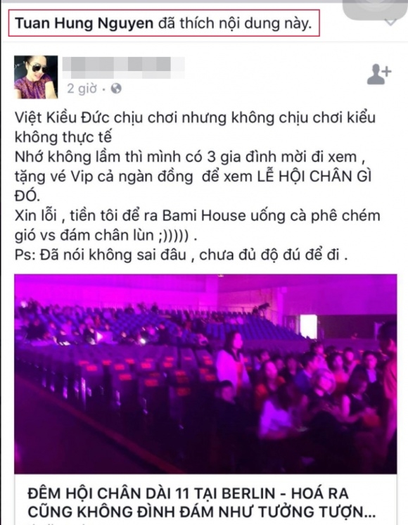 Tuấn Hưng like status chê Đêm hội chân dài.
