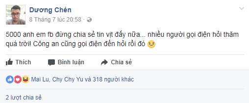 
Sau đó, trên trang facebook của mình, chính Dương cũng thừa nhận thông tin vụ án mạng chém cụt đầu ở Việt Trì là tin vịt
