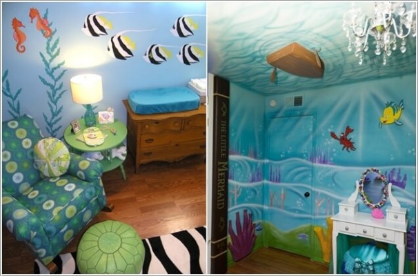1. Bạn có thể chọn một phần của bức tường và trần, nơi các bạn nhỏ thường chơi đùa để sơn một màu xanh của nước biển. Những đàn cá bơi lội tung tăng, những con thuyền nhỏ hay ánh sáng từ mặt trời sẽ giúp cho bức tranh về biển cả thêm sinh động.