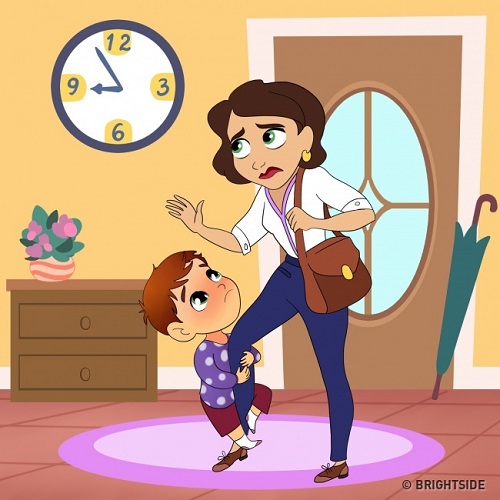 Khi trẻ mè nheo vì bố mẹ đi làm, việc nổi cáu không được khuyến khích.