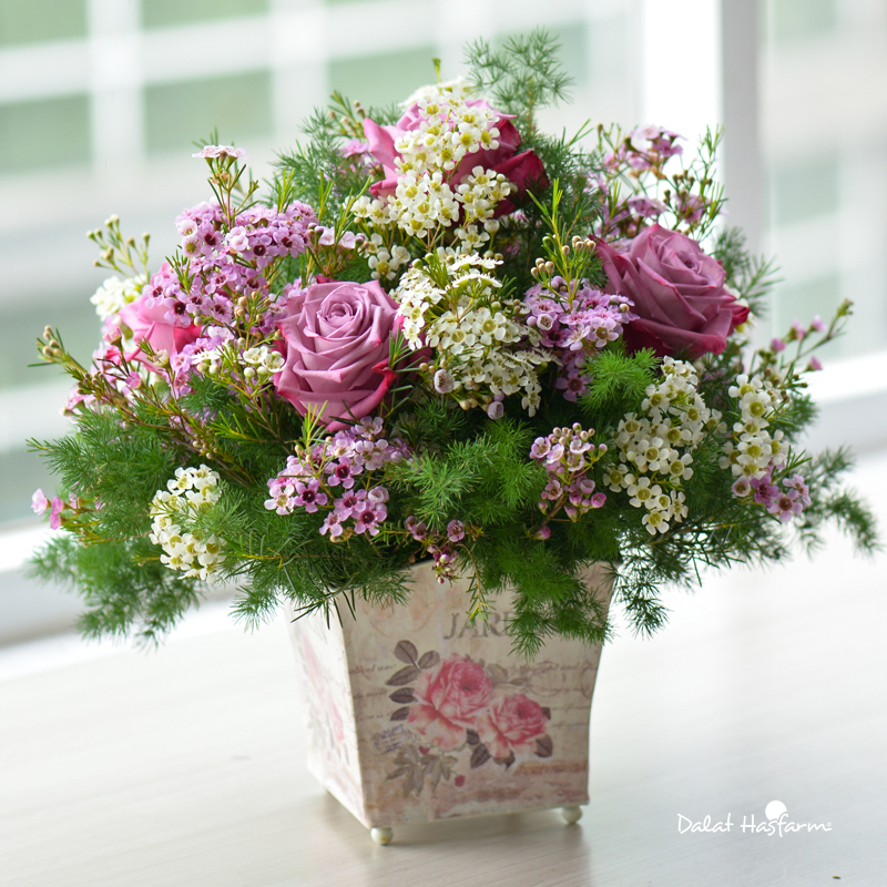 Sự kết hợp tinh tế giữa Thanh Liễu cùng hoa hồng tím mang đến lẵng hoa hoàn hảo