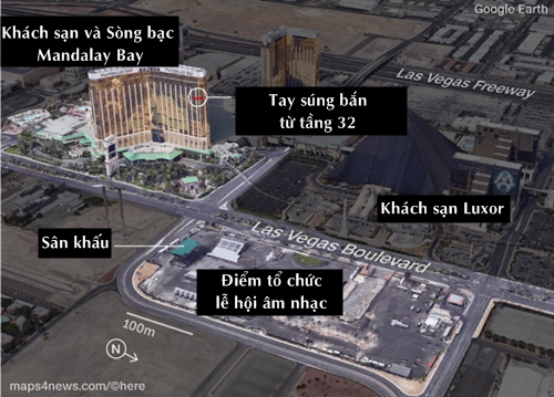 Vị trí khách sạn Mandalay Bay và khu vực tổ chức lễ hội âm nhạc. Đồ họa: CNN.