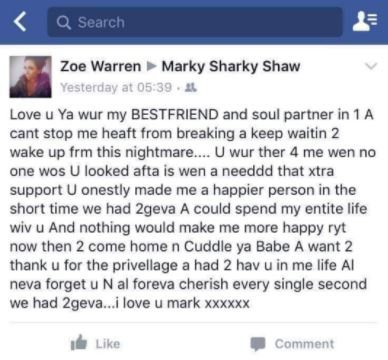 Sau khi giết bạn trai, Zoe Warren đã thản nhiên bày tỏ tình cảm sâu đậm trên facebook. (Ảnh: Metro)