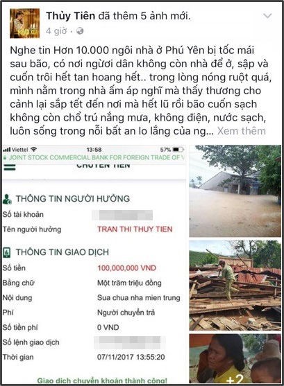 Dòng trạng thái kêu gọi mọi người cùng chung tay ủng hộ cho đồng bào bão lũ của Thủy Tiên.