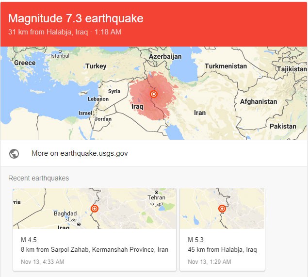 Ảnh chụp màn hình thông tin về trận động đất của Google