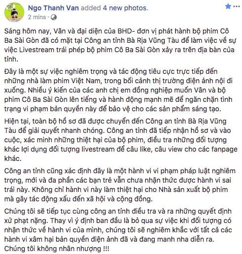 
Post của Ngô Thanh Vân trên facebook
