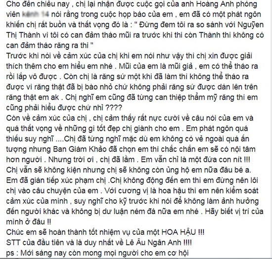 Những lời lẽ hết sức nặng nề mà Nguyễn Thị Thành đăng tải về Ngân Anh.