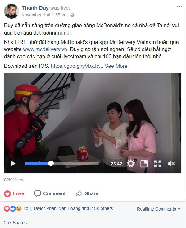 Thanh Duy mang đến bất ngờ cho fan hâm mộ và thực khách khi trở thành người giao hàng đặc biệt của McDonald’s