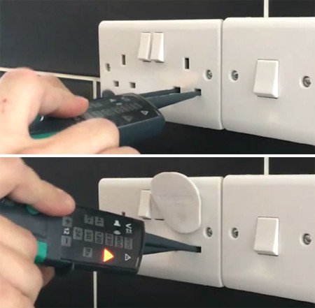 Khi lỗ cắm nối đất bị chặn (h&igrave;nh dưới), ổ điện sẽ c&oacute; nguy cơ hở điện. Ảnh: SP.