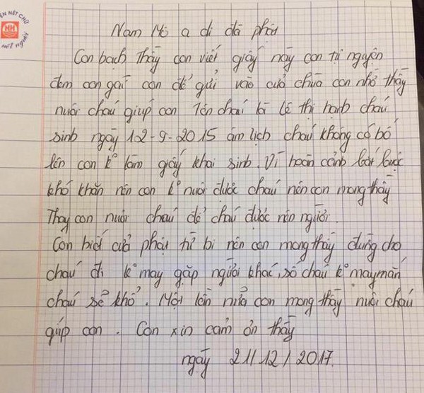 Nội dung lá thư mà mẹ bé Lê Thị Hạnh gửi sư thầy.