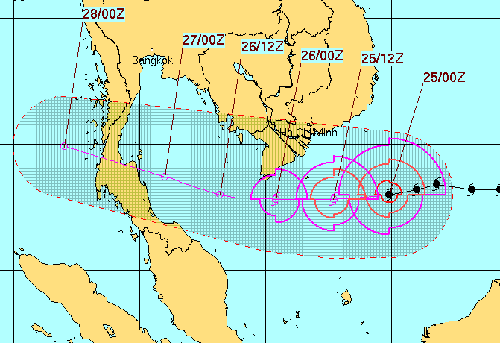 Đường đi của bão Tembin theo dự báo của Hải quân Hoa Kỳ.