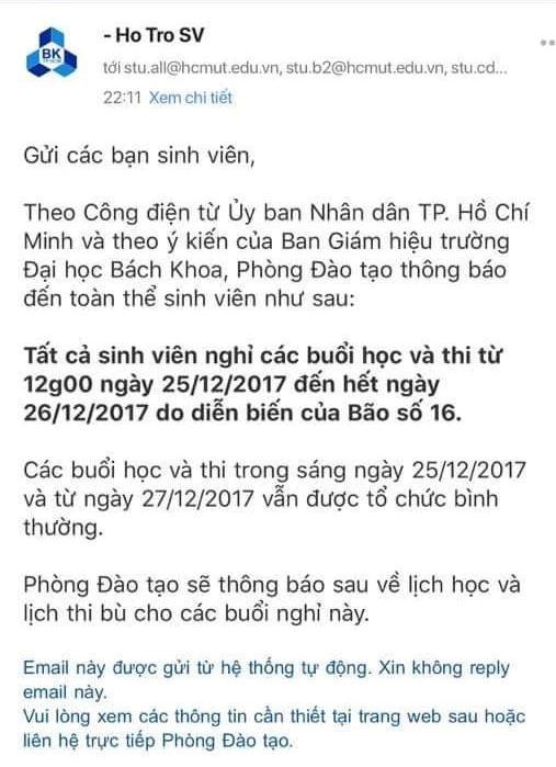 ĐH Bách Khoa TP.HCM gửi thông báo đến từng sinh viên qua email. Ảnh chụp màn hình.