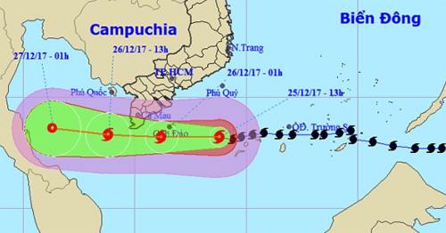 Dự báo đường đi và khu vực ảnh hưởng của bão Tembin. Ảnh: NCHMF.