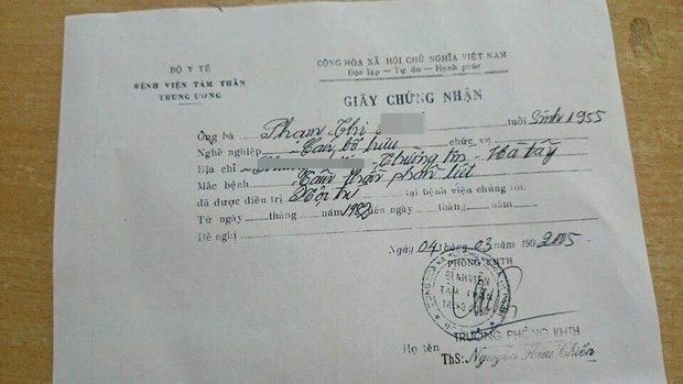 Giấy chứng nhận bệnh t&acirc;m thần ph&acirc;n liệt của b&agrave; N.