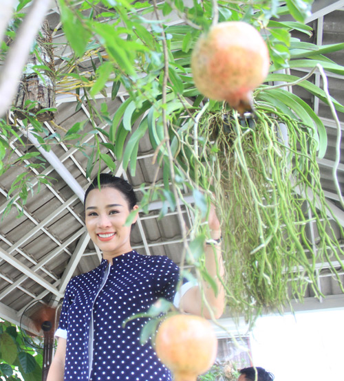 Ca sĩ Hoa Trần, vợ ca sĩ Việt Hoàn cũng thường xuyên giúp đỡ chồng làm vườn.