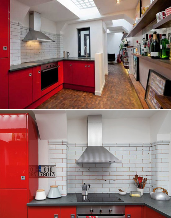 Căn bếp tuy nhỏ nhưng vô cùng ấm áp và ngăn nắp với tông màu trắng và đỏ làm chủ đạo, tủ bếp hình chữ L được khéo léo thiết kế vừa tiết kiệm diện tích cho căn bếp, vừa tiện lợi và có thể chứa được nhiều đồ.