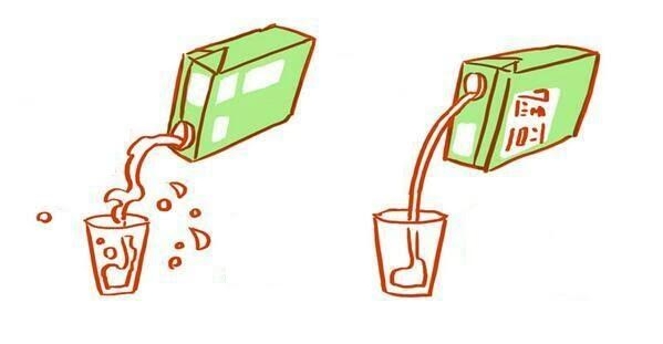 Nắp hộp sữa hay nước ép hoa quả luôn thiết kế gần về một bên thành hộp chứ không đặt ở giữa. Chúng đều có mục đích sử dụng cả. Chúng ta thường quen mở nắp và đổ sữa theo hướng gần với thành hộp hơn, điều đó khiến sữa văng tung toé. Cách đúng là đổ theo chiều ngược lại.