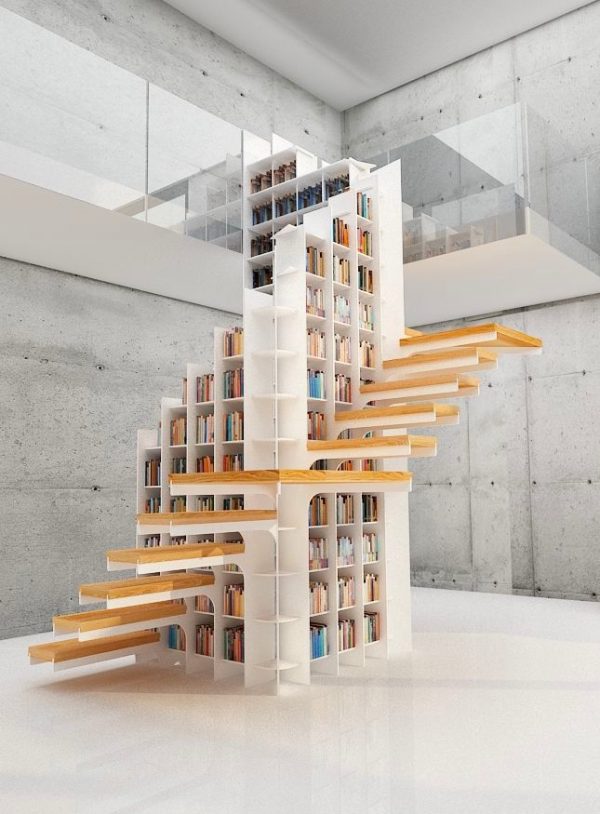 17. Thiết kế này giống như trong 1 phòng trưng bày nghệ thuật, cầu thang nổi quanh co kết hợp với giá sách ấn tượng.