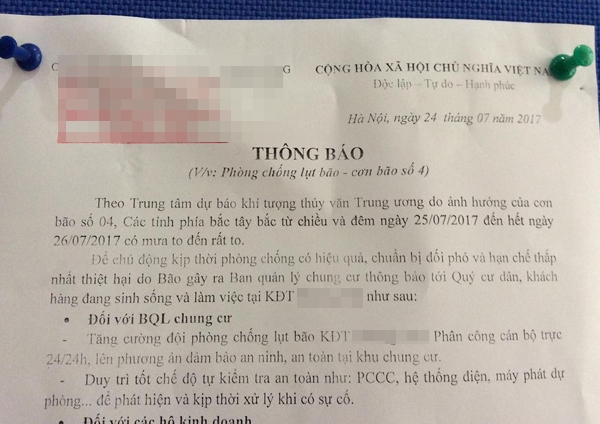 Một chung cư tại Hà Đông phát đi thông báo ứng phó với mưa bão do ảnh hưởng bão số 4 tới cư dân.