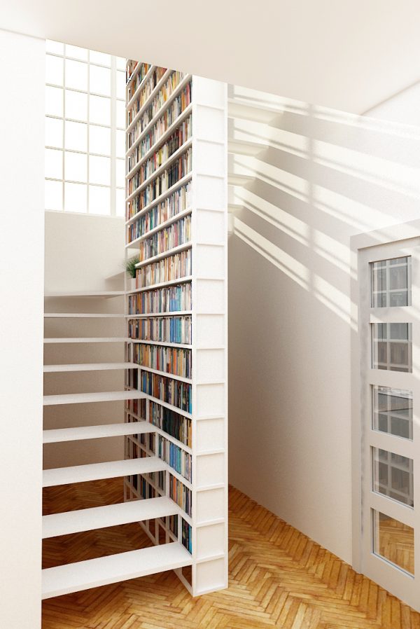 19. Không khó để sở hữu 1 thư viện đầy đủ và quy mô ngay trong nhà bạn, chỉ cần mở rộng không gian với cầu thang màu trắng bao bọc bởi một bức tường sách lớn.