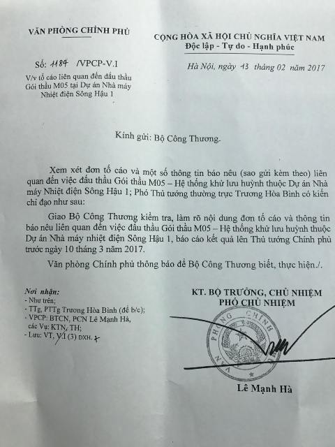 Phó Thủ tướng thường trực Chính phủ Trương Hòa Bình giao Bộ Công thương kiểm tra, làm rõ nội dung tố cáo và thông tin báo chí nêu.