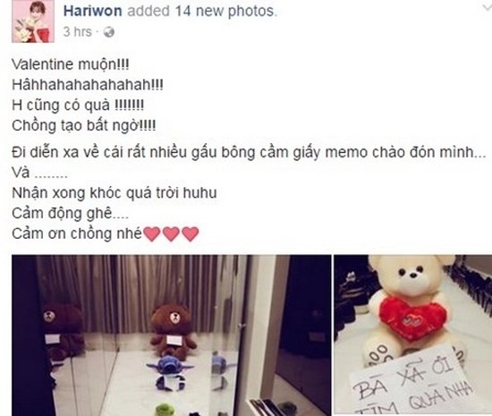 
 Tuy nhiên, đến cuối ngày, Hari Won lại đăng tải một dòng trạng thái hoàn toàn trái ngược và chia sẻ đã khóc quá trời khi nhận được những món quà đặc biệt của Trấn Thành.
