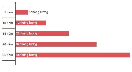Mỗi kỳ 5 năm, các nhân viên của LienVietPostBank sẽ được cộng thêm 0,2 hệ số nhân để tính mức thưởng theo thời gian gắn bố công việc tại ngân hàng. Đồ họa: Quang Thắng. 